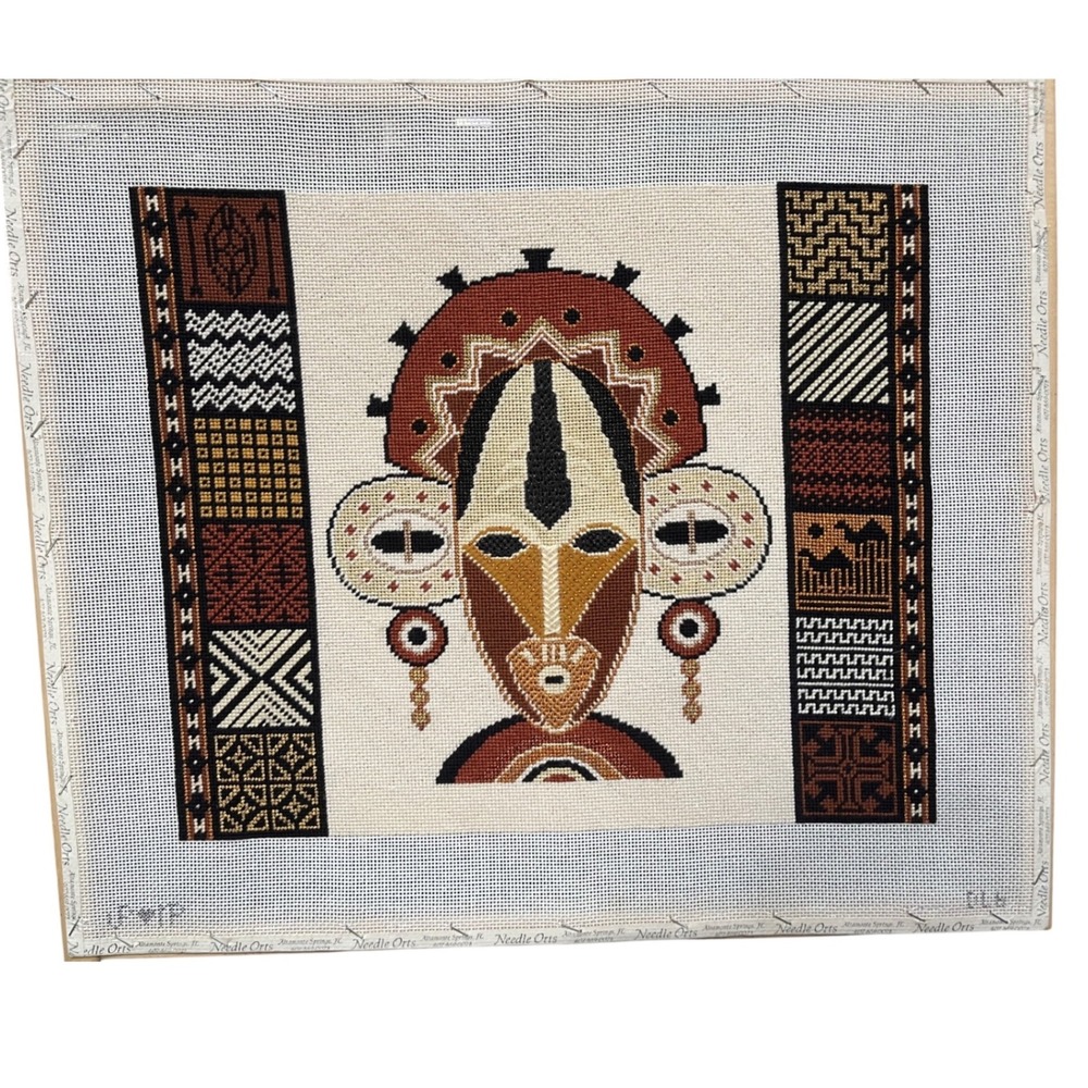 African Mask Patchwork Border Female Needlepoint Finished needlepoint piece